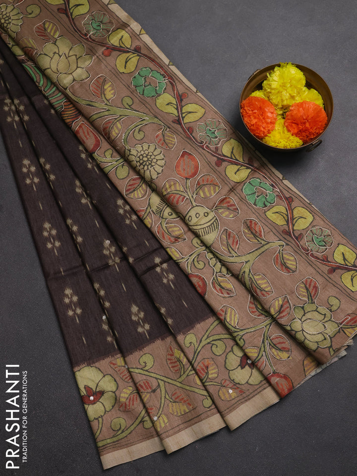 Matka tussar saree coffee brown and pastel brown with allover ikat butta prints & mirror work and kalamkari prints & embroidery pallu
