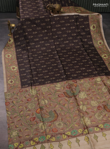 Matka tussar saree coffee brown and pastel brown with allover ikat butta prints & mirror work and kalamkari prints & embroidery pallu