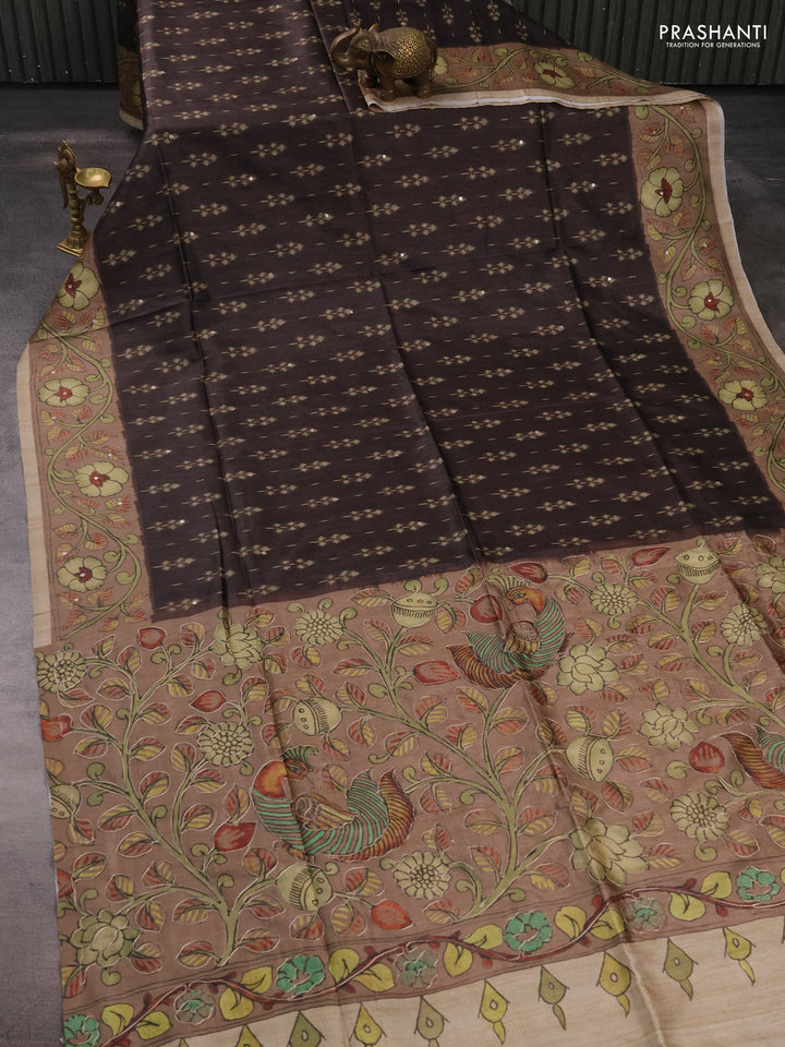 Matka tussar saree coffee brown and pastel brown with allover ikat butta prints & mirror work and kalamkari prints & embroidery pallu