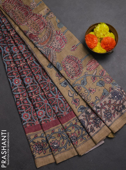 Matka tussar saree maroon and dark beige with allover ajrakh prints & mirror work and kalamkari prints & embroidery pallu