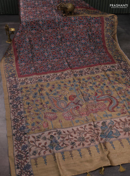Matka tussar saree maroon and dark beige with allover ajrakh prints & mirror work and kalamkari prints & embroidery pallu