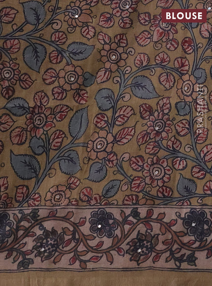 Matka tussar saree maroon and dark beige with allover ajrakh prints & mirror work and kalamkari prints & embroidery pallu