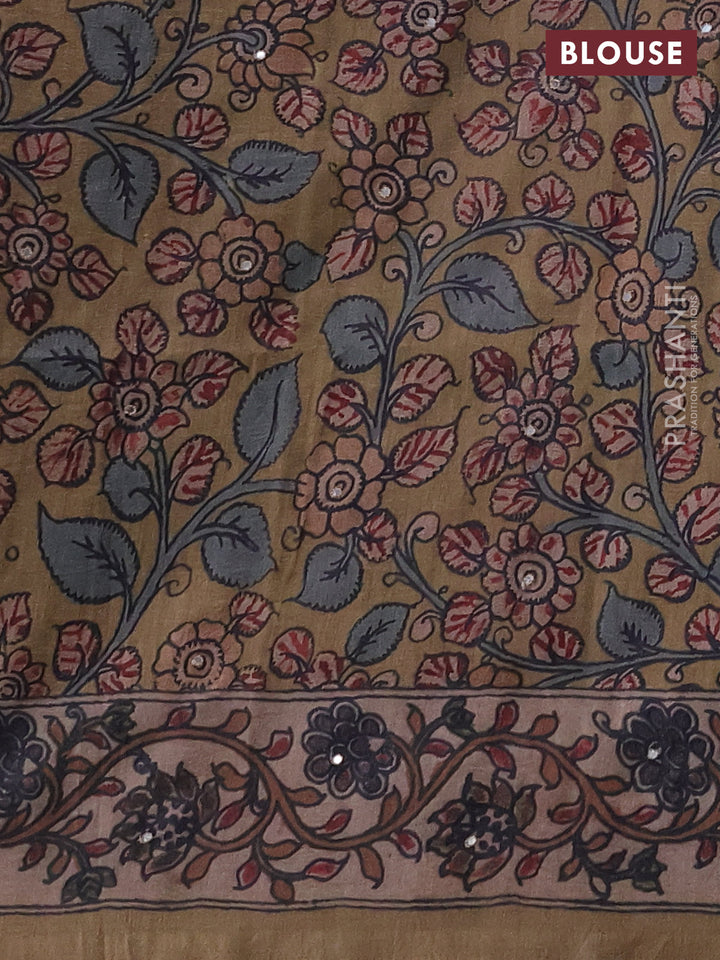 Matka tussar saree maroon and dark beige with allover ajrakh prints & mirror work and kalamkari prints & embroidery pallu