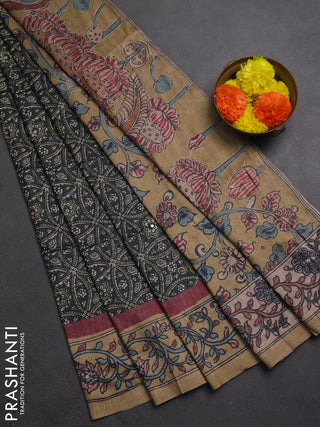 Matka tussar saree green shade and dark beige with allover ajrakh prints & mirror work and kalamkari prints & embroidery pallu