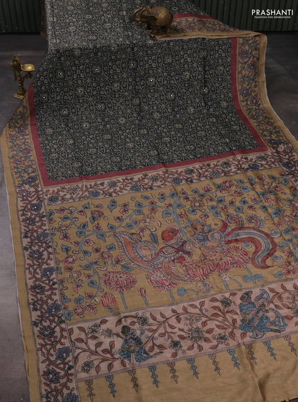 Matka tussar saree green shade and dark beige with allover ajrakh prints & mirror work and kalamkari prints & embroidery pallu