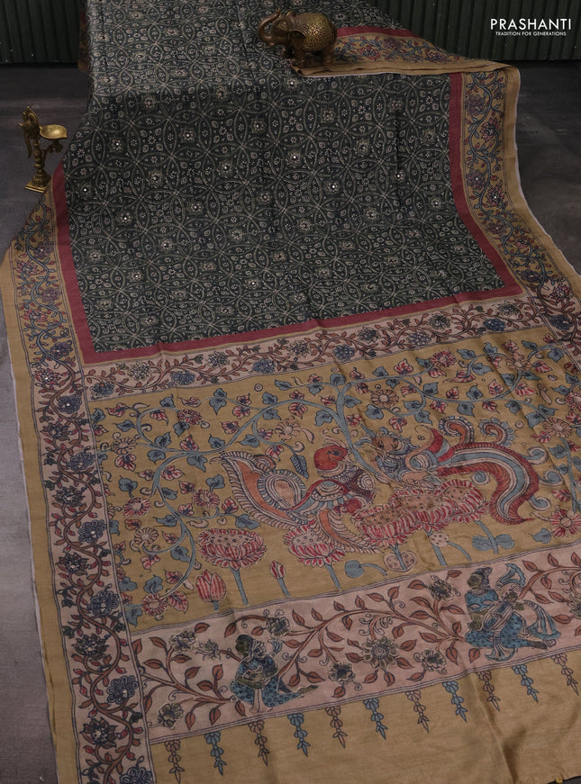 Matka tussar saree green shade and dark beige with allover ajrakh prints & mirror work and kalamkari prints & embroidery pallu