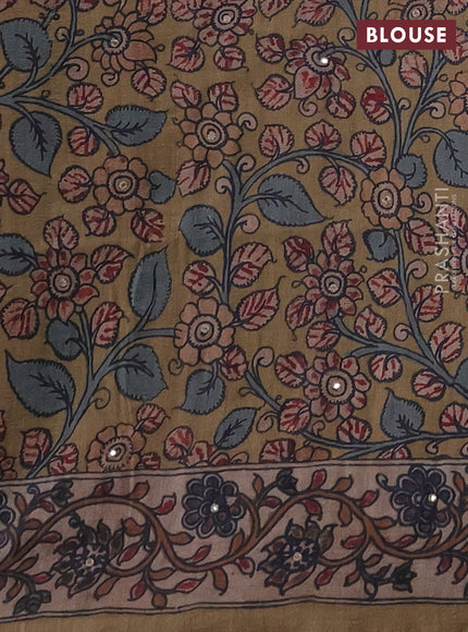 Matka tussar saree green shade and dark beige with allover ajrakh prints & mirror work and kalamkari prints & embroidery pallu