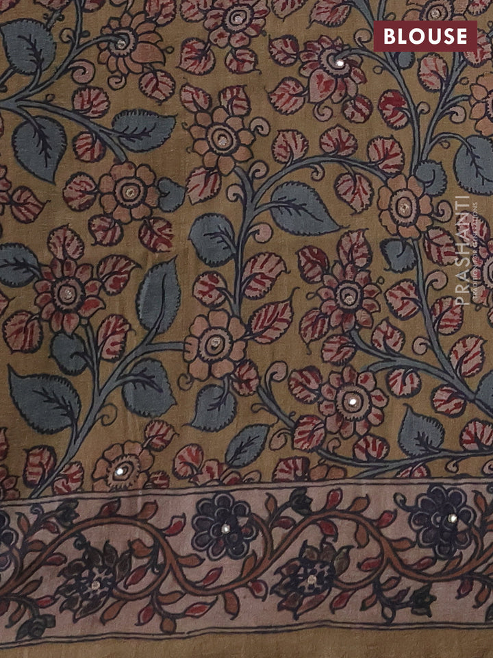 Matka tussar saree green shade and dark beige with allover ajrakh prints & mirror work and kalamkari prints & embroidery pallu