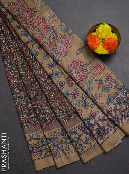 Matka tussar saree greyish brown and dark beige with allover ajrakh prints & mirror work and kalamkari prints & embroidery pallu