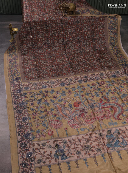 Matka tussar saree greyish brown and dark beige with allover ajrakh prints & mirror work and kalamkari prints & embroidery pallu