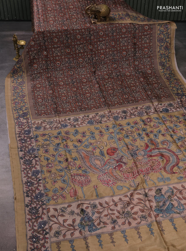 Matka tussar saree greyish brown and dark beige with allover ajrakh prints & mirror work and kalamkari prints & embroidery pallu