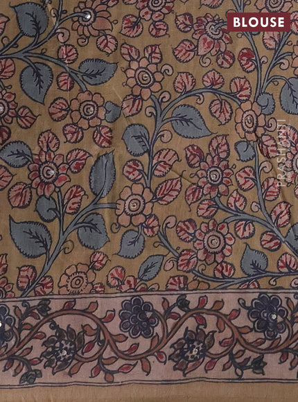 Matka tussar saree greyish brown and dark beige with allover ajrakh prints & mirror work and kalamkari prints & embroidery pallu