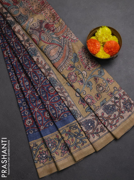 Matka tussar saree blue and dark beige with allover ajrakh prints & mirror work and kalamkari prints & embroidery pallu