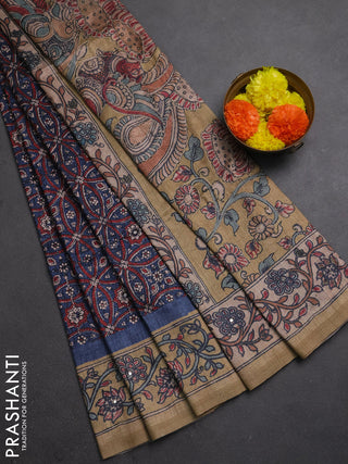 Matka tussar saree blue and dark beige with allover ajrakh prints & mirror work and kalamkari prints & embroidery pallu