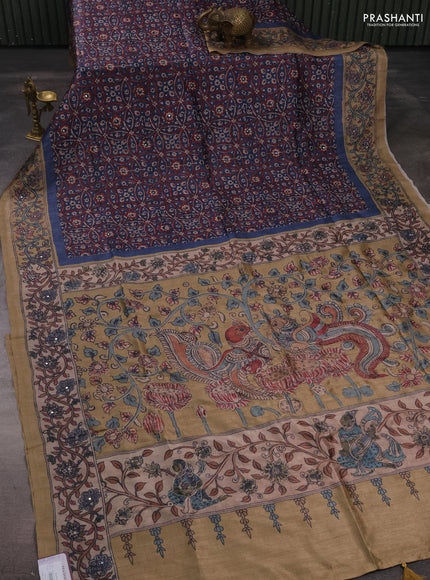 Matka tussar saree blue and dark beige with allover ajrakh prints & mirror work and kalamkari prints & embroidery pallu