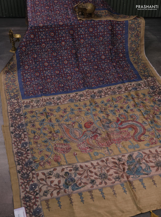 Matka tussar saree blue and dark beige with allover ajrakh prints & mirror work and kalamkari prints & embroidery pallu