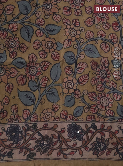 Matka tussar saree blue and dark beige with allover ajrakh prints & mirror work and kalamkari prints & embroidery pallu