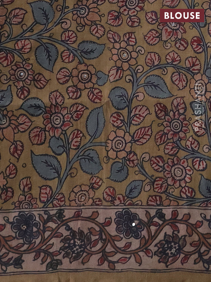 Matka tussar saree blue and dark beige with allover ajrakh prints & mirror work and kalamkari prints & embroidery pallu