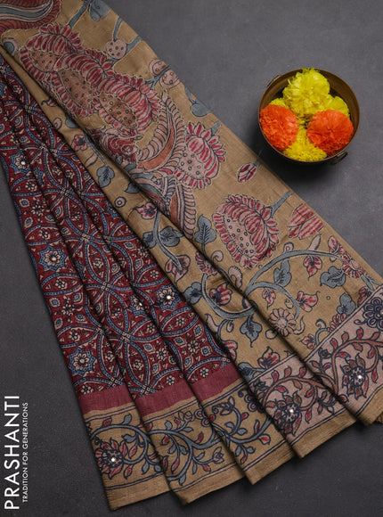 Matka tussar saree maroon and dark beige with allover ajrakh prints & mirror work and kalamkari prints & embroidery pallu