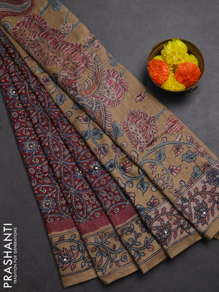 Matka tussar saree maroon and dark beige with allover ajrakh prints & mirror work and kalamkari prints & embroidery pallu