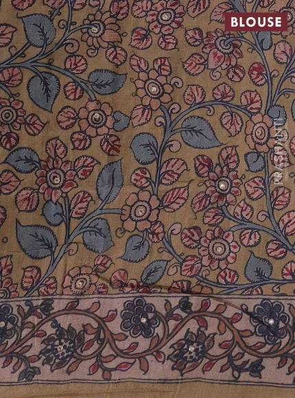 Matka tussar saree maroon and dark beige with allover ajrakh prints & mirror work and kalamkari prints & embroidery pallu
