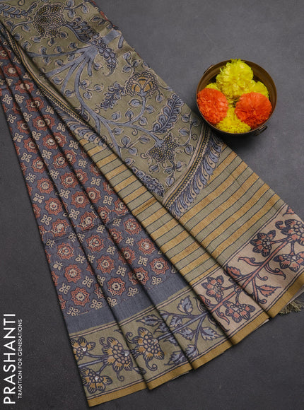 Matka tussar saree grey and elaichi green with allover ajrakh prints & mirror work and kalamkari prints & embroidery pallu