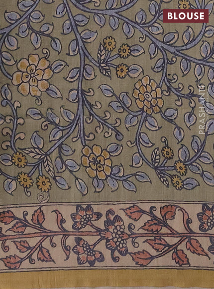Matka tussar saree grey and elaichi green with allover ajrakh prints & mirror work and kalamkari prints & embroidery pallu