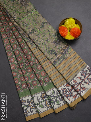 Matka tussar saree green and elaichi green with allover ajrakh prints & mirror work and kalamkari prints & embroidery pallu