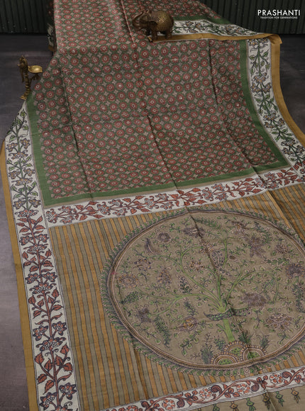 Matka tussar saree green and elaichi green with allover ajrakh prints & mirror work and kalamkari prints & embroidery pallu