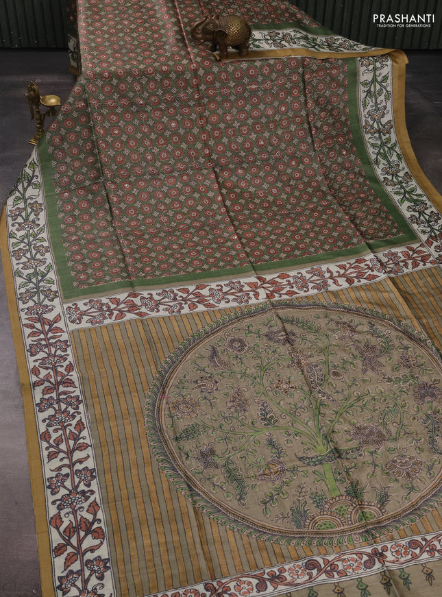 Matka tussar saree green and elaichi green with allover ajrakh prints & mirror work and kalamkari prints & embroidery pallu