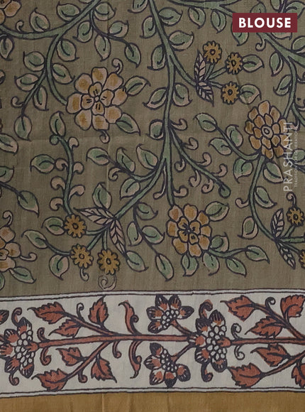 Matka tussar saree green and elaichi green with allover ajrakh prints & mirror work and kalamkari prints & embroidery pallu