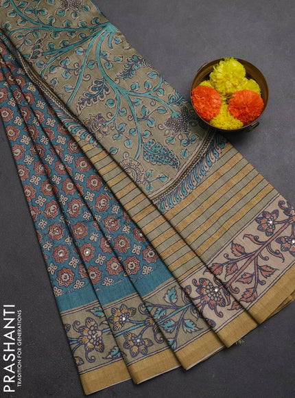 Matka tussar saree peacock green and elaichi green with allover ajrakh prints & mirror work and kalamkari prints & embroidery pallu