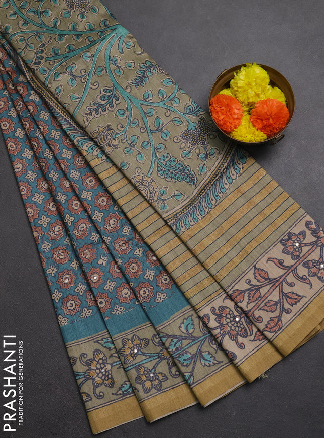 Matka tussar saree peacock green and elaichi green with allover ajrakh prints & mirror work and kalamkari prints & embroidery pallu
