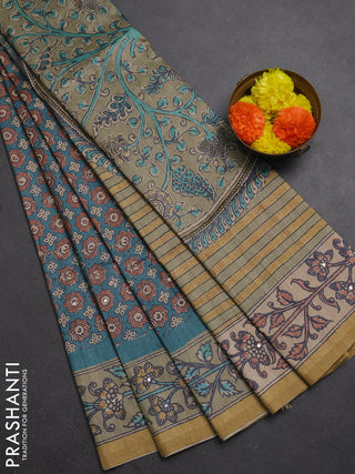 Matka tussar saree peacock green and elaichi green with allover ajrakh prints & mirror work and kalamkari prints & embroidery pallu