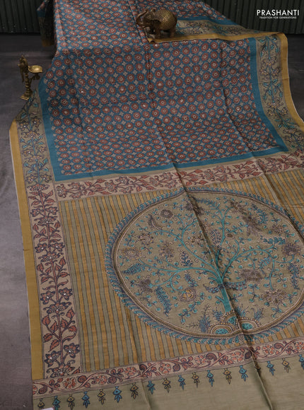 Matka tussar saree peacock green and elaichi green with allover ajrakh prints & mirror work and kalamkari prints & embroidery pallu