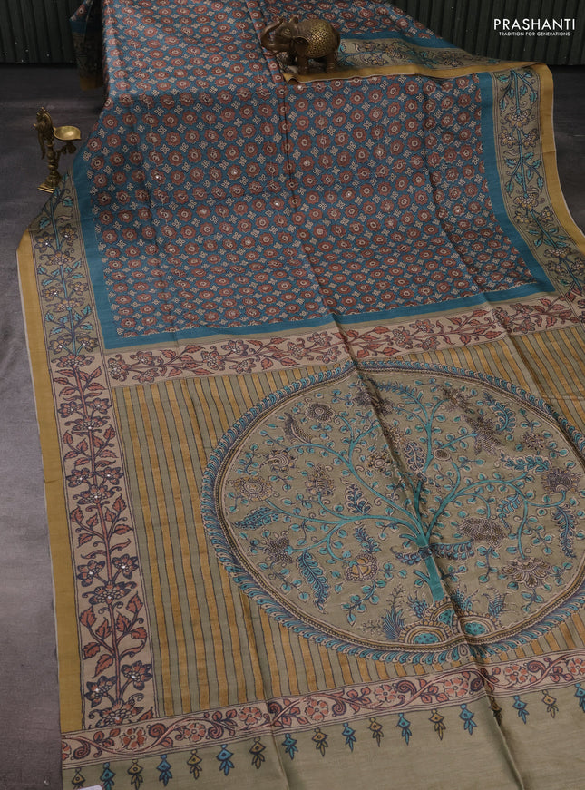 Matka tussar saree peacock green and elaichi green with allover ajrakh prints & mirror work and kalamkari prints & embroidery pallu