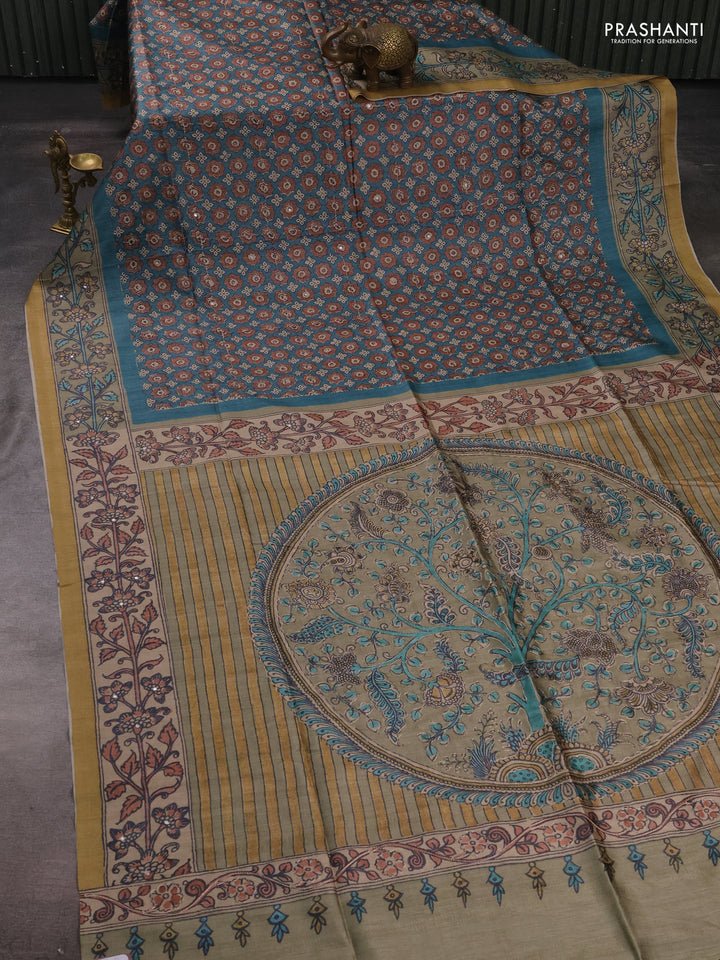Matka tussar saree peacock green and elaichi green with allover ajrakh prints & mirror work and kalamkari prints & embroidery pallu