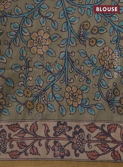 Matka tussar saree peacock green and elaichi green with allover ajrakh prints & mirror work and kalamkari prints & embroidery pallu