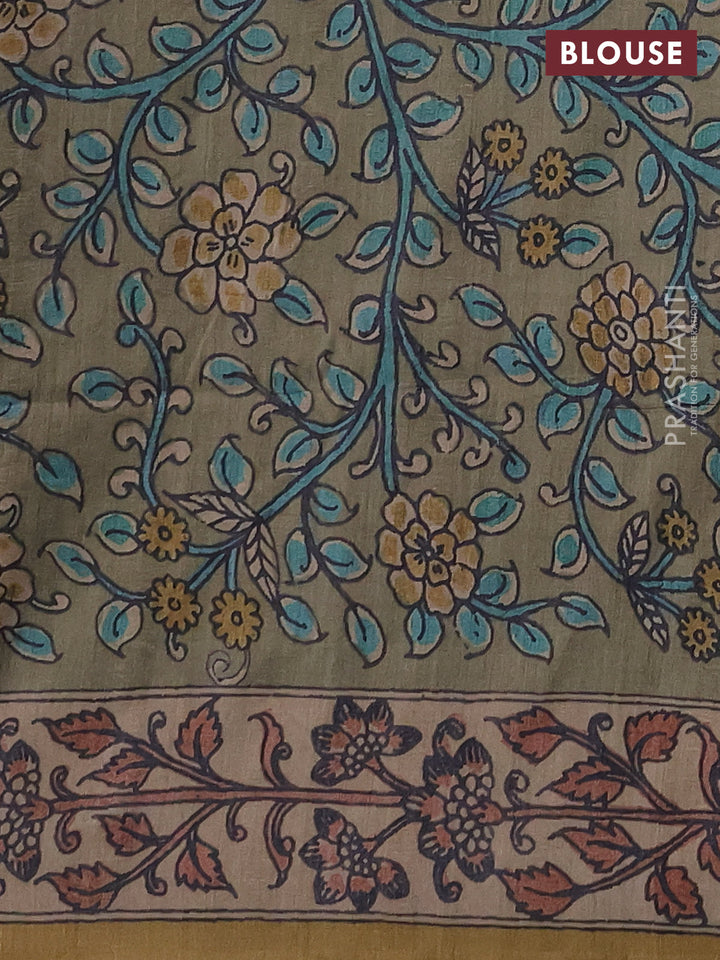 Matka tussar saree peacock green and elaichi green with allover ajrakh prints & mirror work and kalamkari prints & embroidery pallu