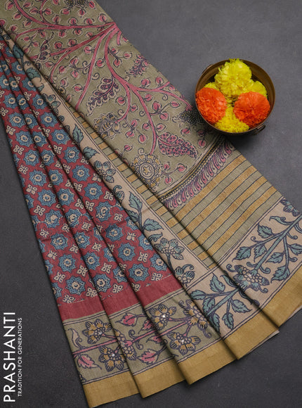 Matka tussar saree maroon and elaichi green with allover ajrakh prints & mirror work and kalamkari prints & embroidery pallu