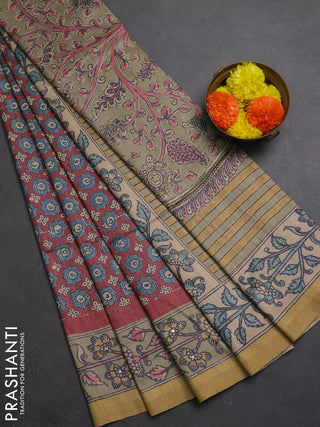 Matka tussar saree maroon and elaichi green with allover ajrakh prints & mirror work and kalamkari prints & embroidery pallu