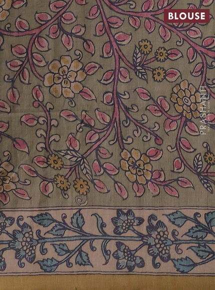 Matka tussar saree maroon and elaichi green with allover ajrakh prints & mirror work and kalamkari prints & embroidery pallu