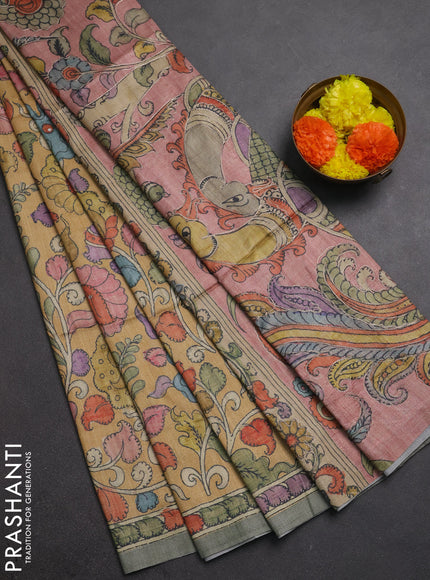 Matka tussar saree yellow and mild peach pink with allover kalamkari prints & mirror work and kalamkari prints & embroidery pallu
