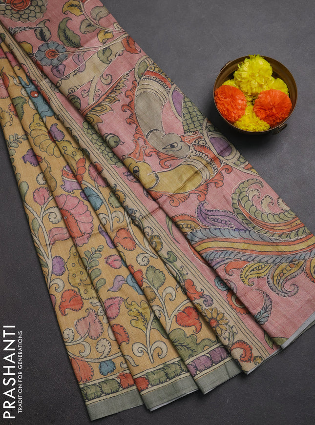 Matka tussar saree yellow and mild peach pink with allover kalamkari prints & mirror work and kalamkari prints & embroidery pallu