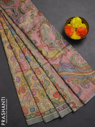 Matka tussar saree yellow and mild peach pink with allover kalamkari prints & mirror work and kalamkari prints & embroidery pallu