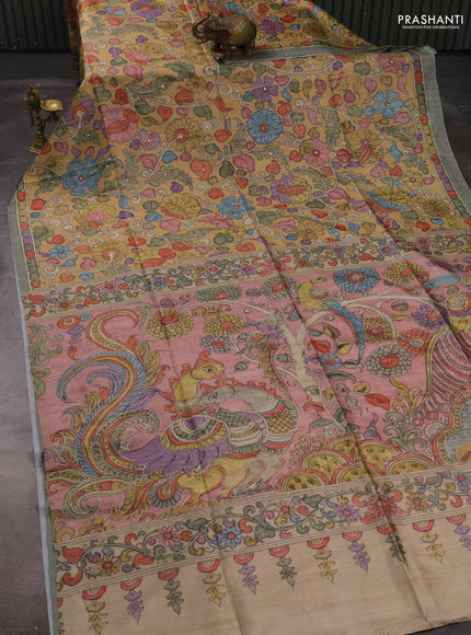 Matka tussar saree yellow and mild peach pink with allover kalamkari prints & mirror work and kalamkari prints & embroidery pallu