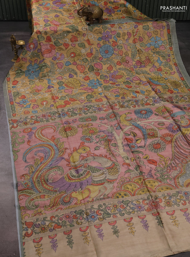 Matka tussar saree yellow and mild peach pink with allover kalamkari prints & mirror work and kalamkari prints & embroidery pallu