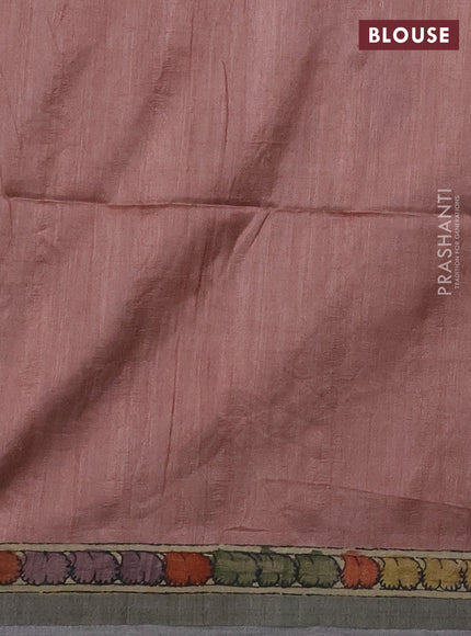 Matka tussar saree yellow and mild peach pink with allover kalamkari prints & mirror work and kalamkari prints & embroidery pallu