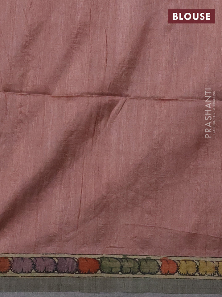 Matka tussar saree yellow and mild peach pink with allover kalamkari prints & mirror work and kalamkari prints & embroidery pallu