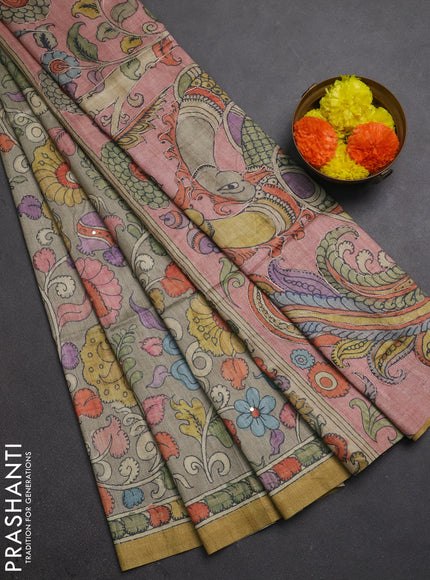 Matka tussar saree grey shade and peach shade with allover kalamkari prints & mirror work and kalamkari prints & embroidery pallu